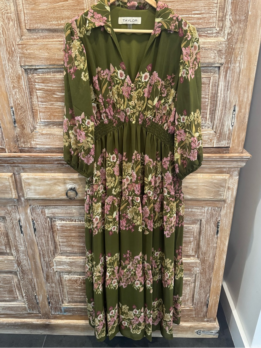 Taylor Olive Floral Tiered Maxi Dress with Pink Blooms Bohemian Flowy Feminine